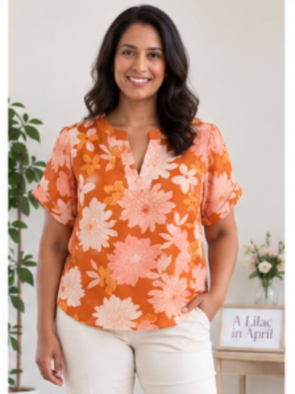 DR2 Size XL Rust Floral Short Sleeve Blouse